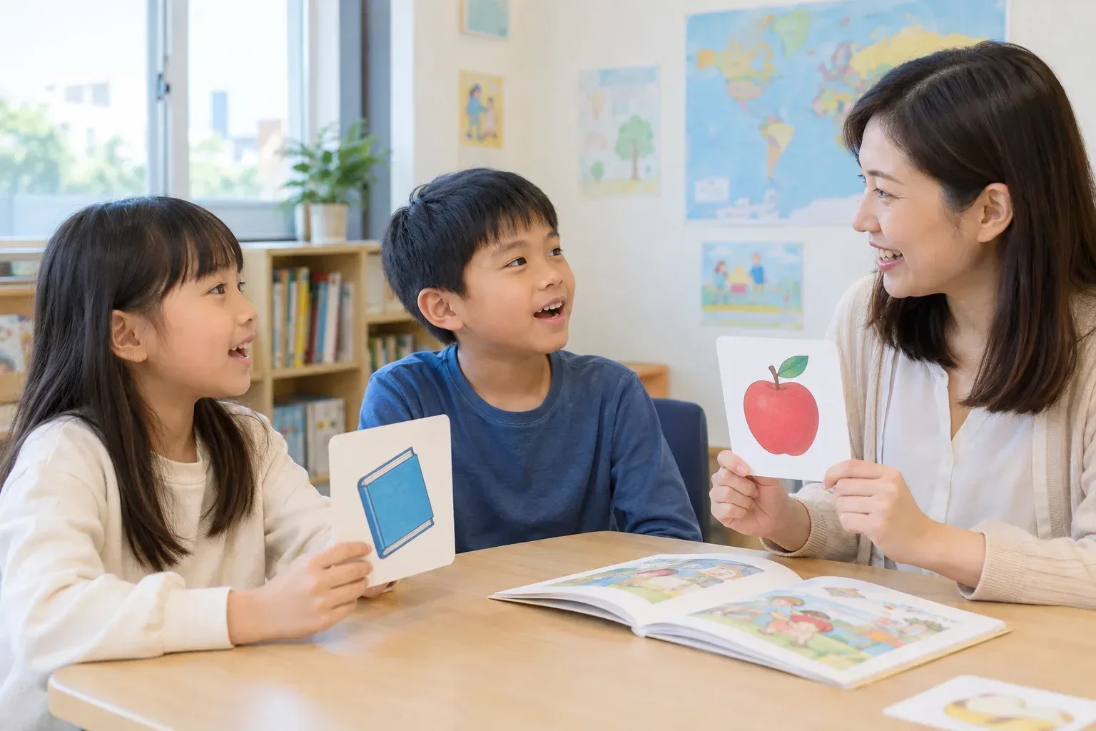 AI 情境:教師帶領兒童練習英語口說與單字